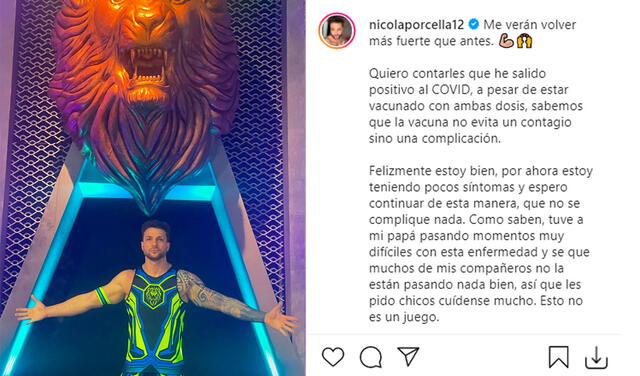 17.6.2021 | Post de Nicola Porcella informando que contrajo COVID-19. Foto: Nicola Porcella / Instagram