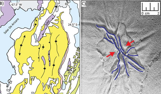 Comparación entre el mapa geológico de la cuenca de Arizaro y la superficie del modelo tras el proceso de goteo. Fotos: Julia Andersen