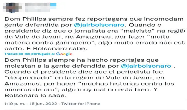 Usuarios en redes sociales critican los comentarios de Jair Bolsonaro sobre el periodista británico desaparecido en la Amazonía. Foto: captura Twitter