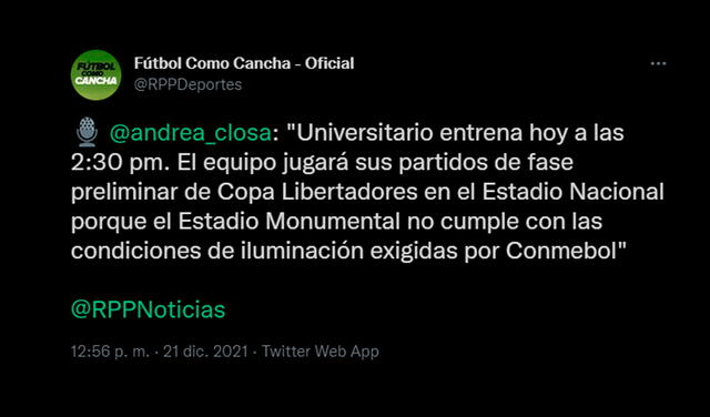 El tuit de Andrea Closa para anunciar el recinto deportivo de la 'U' para la Libertadores. Foto:  captura Fútbol Como Cancha twitter