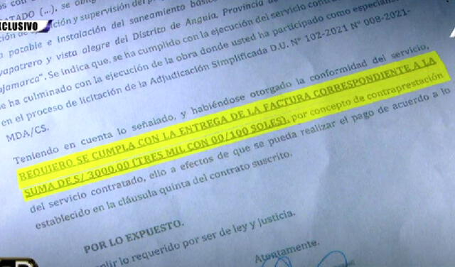 Nenil Medina envió carta notarial a Alcántara para que envíe una factura por presuntos pagos de servicios realizados en favor del municipio de Anguía. Foto: captura ATV