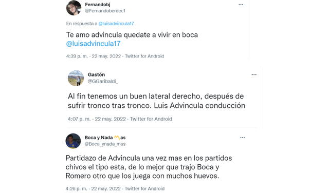 Hinchas de Boca elogiaron a Luis Advíncula. Foto: composición/ captura de Twitter