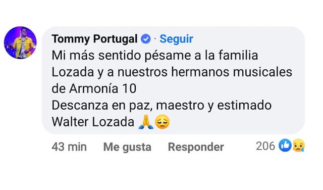 23.7.2022 | Mensaje de Tommy Portugal por la muerte de Walter Lozada. Foto: captura Armonía 10/Facebook