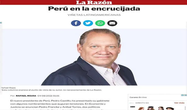 El artículo sobre la situación de Pedro Castillo en Perú. Foto: captura de La Razón