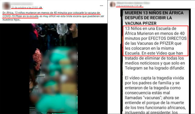 Posteos que comparten el video e imagen en el que se acusa a la vacuna Pfizer de provocar la muerte de 13 estudiantes africanos. FOTO: Composición Verificador.