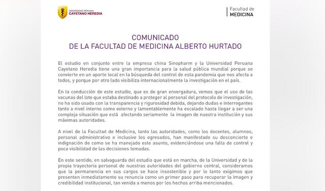 Comunicado de la Facultad de Medicina. Foto: Twitter