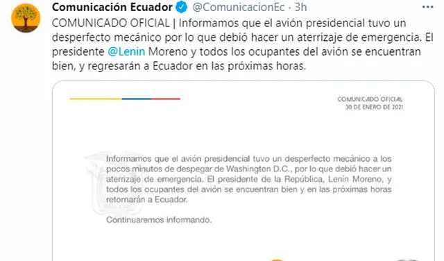 El avión del presidente de Ecuador aterriza de emergencia en Washington