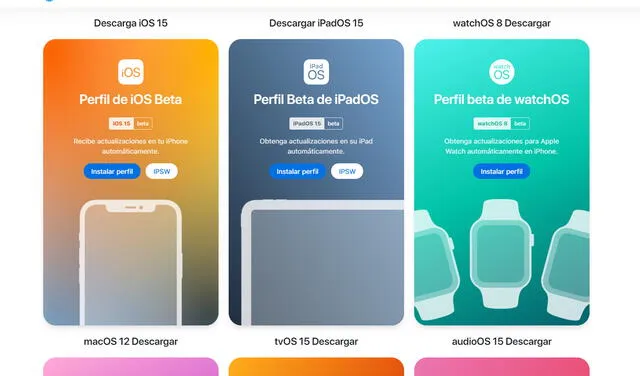 Elige la versión de iOS 15 que corresponde a tu dispositivo. Foto: captura Beta profiles