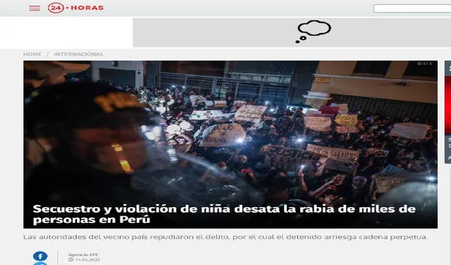 Publicación del portal 24 horas sobre el secuestro y violación de una niña de 3 años en Chiclayo (Perú). Foto: captura web