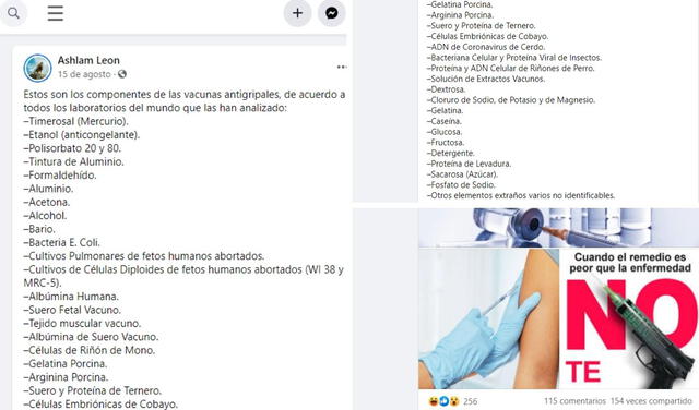 Publicación sobre componentes de la “vacuna antigripal” es engañosa. Composición: Facebook.