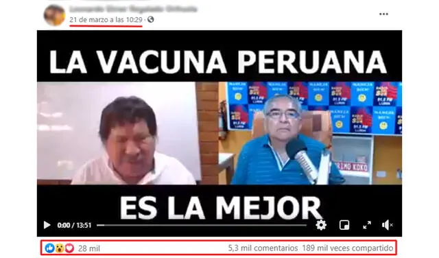 Video acerca de la candidata a vacuna peruana contiene información falsa. Foto: captura de pantalla Facebook
