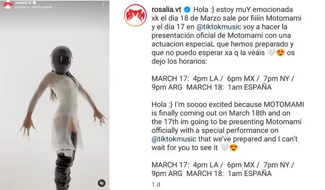 28.2.2022 | Publicación de Rosalía anunciando su concierto en TikTok. Foto: captura Rosalía/Instagram
