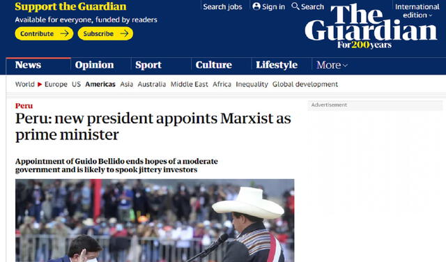"Nuevo presidente nombra un marxista como primer ministro", tituló el periódico británico. Foto: captura de The Guardian "Nuevo presidente nombra un marxista como primer ministro", tituló el periódico británico. Foto: captura de The Guardian