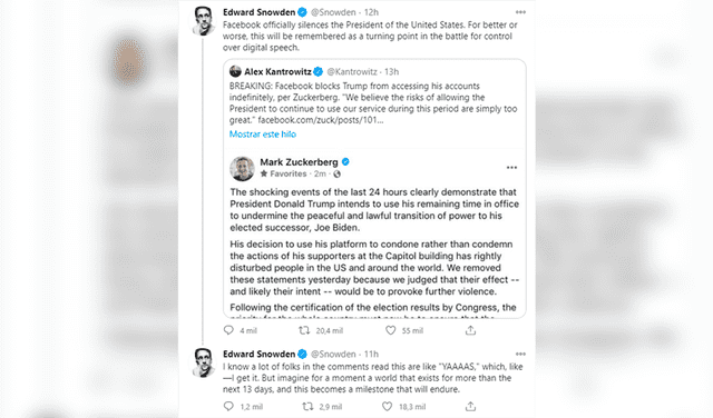 "Para bien o para mal, esto será recordado como un punto de inflexión en la batalla por el control del discurso digital”, escribió Snowden en su Twitter. Foto: Edward Snowden / Twitter