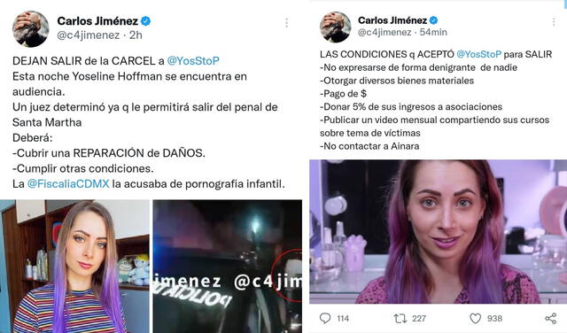 30.11.2021 | Tuits del periodista Carlos Jiménez sobre la liberación de YosStop. Foto: captura Carlos Jiménez/Twitter