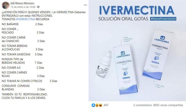 Viral muestra supuestas “Instrucciones” para el uso de la ivermectina. Foto: captura en Facebook.