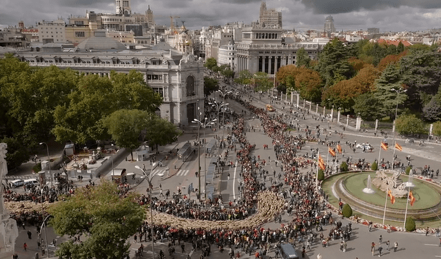 Vista aérea de ovejas entrando a Cibeles en 2019. Foto: Pastores sin Fronteras