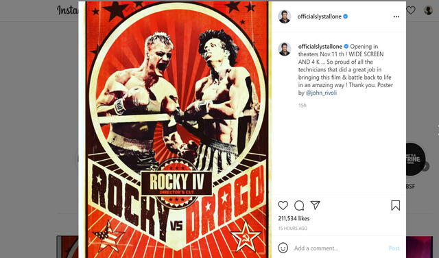 Sylvester Stallone revela fecha de estreno para Rocky IV director's cut. Foto: Instagram/@offcialslystallone