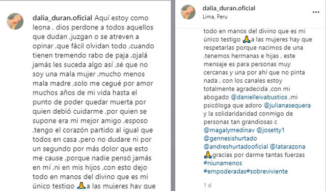 10.7.2021 | Post de Dalia Durán hablando de su relación tóxica con John Kelvin. Foto: captura Dalia Durán / Instagram