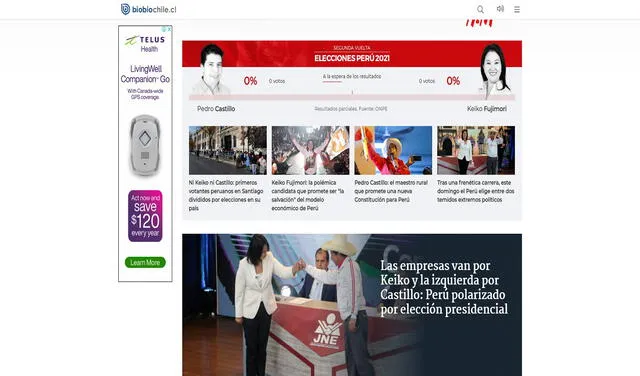 Bío Bío abre su sitio web con la segunda vuelta en Perú. Foto: captura de pantalla