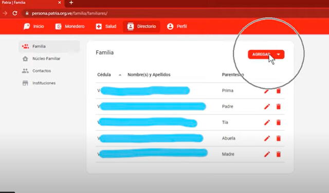 Agregar familiares en el Sistema Patria