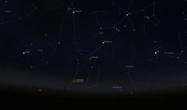 Ubicación del radiante de las Oriónidas en el 20 de octubre, cerca de la medianoche. Foto: Stellarium/ Referencial.
