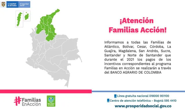 Departamentos que cobrarán los incentivos de Familias en Acción por Banco Agrario. Foto: ProsperidadCol/Twitter