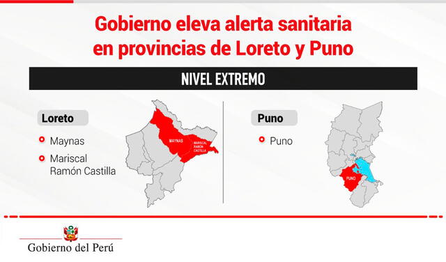Las provincias de Maynas, Ramón Castilla y Puno pasaron al nivel extremo. Foto: pcmperu/Twitter