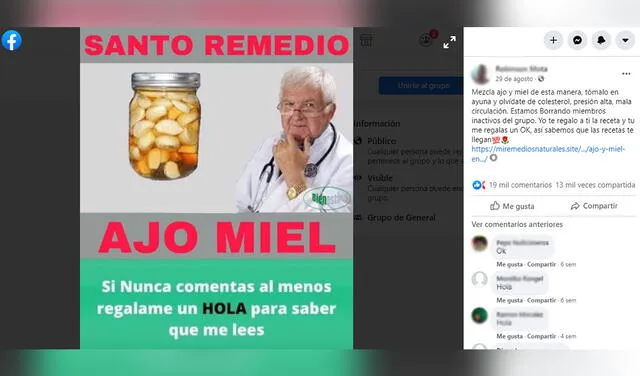 Es engañoso que una mezcla de ajo y miel “elimina el colesterol elevado”. Foto: captura en Facebook.