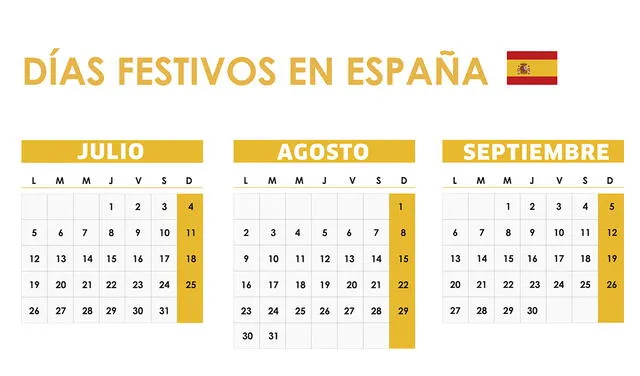 Días festivos en España a nivel nacional para julio, agosto y septiembre.