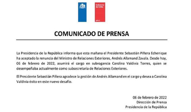 Sebastián Piñera aceptó la dimisión de Andrés Allamand. Foto: Presidencia de Chilee