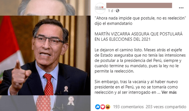 Post falso sobre Martín Vizcarra fue compartido más de 200 veces. Foto: captura de Facebook.
