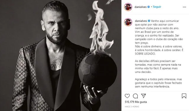 Dani Alves aclaró su situación mediante un comunicado en su cuenta de Instagram. Foto: @danialves