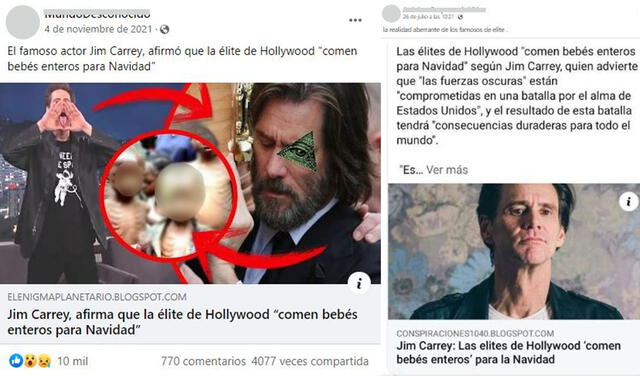 Publicaciones aseguran que Jim Carrey dijo supuestamente que la élite de Hollywood come bebés en Navidad. Foto: capturas en Facebook.