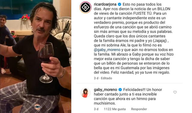 24.12.2021 | Ricardo Arjona celebró el éxito de su canción "Fuiste tú" junto a Gaby Moreno. Foto: Ricardo Arjona/Instagram