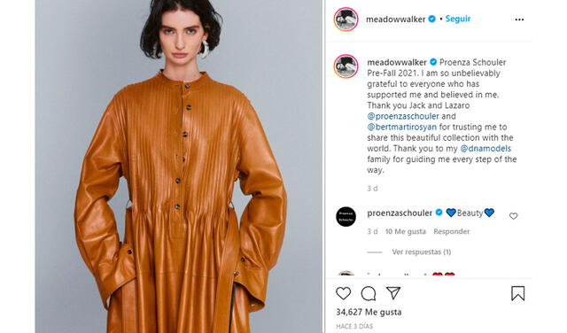 Post de Meadow Walker anunciando su debut como modelo de Proenza Schouler.  Foto: captura Meadow Walker / Instagram