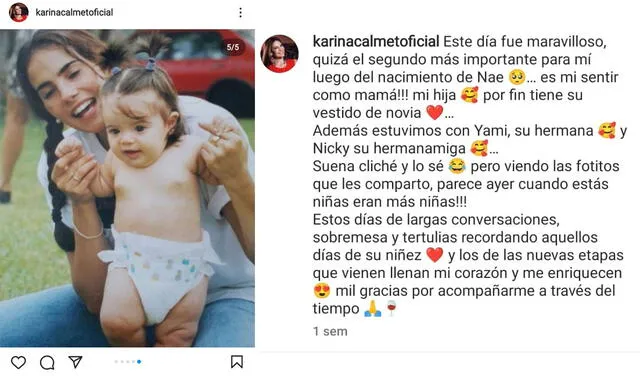 14.8.2022 | Publicación de Karina Calmet dedicado a su hija Naelah Giha. Foto: captura Karina Calmet/Instagram