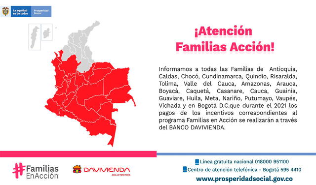 Departamentos que cobrarán los incentivos de Familias en Acción por Davivienda. Foto: ProsperidadCol/Twitter