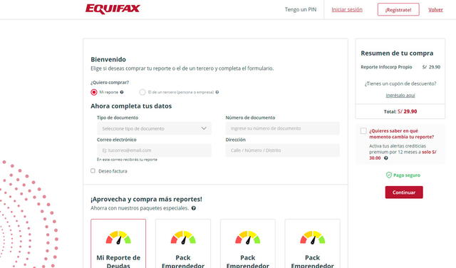 Plataforma web de Equifax. Foto: captura de soluciones.equifax.com.pe