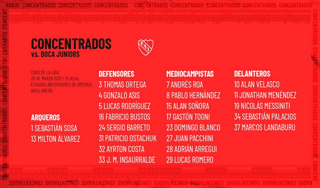Convocados por Independiente para enfrentar a Boca Juniors. Foto: Independiente/Twitter