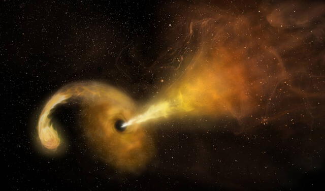 Representación artística de un agujero negro liberando un chorro de partículas. Para conseguir la foto actual, se necesitaron más de 300 investigadores. Foto: Referencial / Sophia Dagnello, NRAO/AUI/NSF; NASA, STScI
