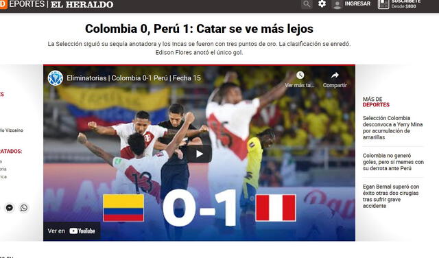 Así titularon los medios colombianos la derrota de su selección. Foto: El Heraldo