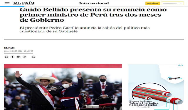 El País analizó todo el contexto que englobó la renuncia de Guido Bellido. Foto: captura de El País