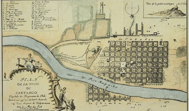 Primer plano de la ciudad de Santiago, según el trazado que 1541 le diera Don Pedro de Valdivia. Foto: Biblioteca Territorial Comunal de Chile