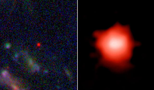 Imagen ampliada de la galaxia GLASS-z13. Fotos: Universidad de Copenhagen / NASA