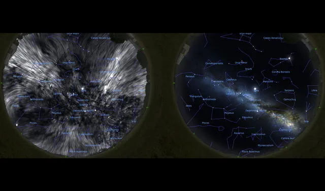 Izquierda: el cielo como se vería en ondas de radio polarizadas. Derecha: la misma región del cielo vista por el ojo humano. Imágenes: Dominion Radio Astrophysical Observatory / Villa Elisa telescope / ESA / Planck Collaboration / Stellarium / J. West.