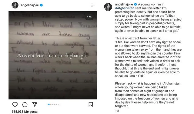 5.2.2022 | Publicación de Angelina Jolie sobre la carta que envió una joven afgana.  Foto: captura Angelina Jolie/Instagram