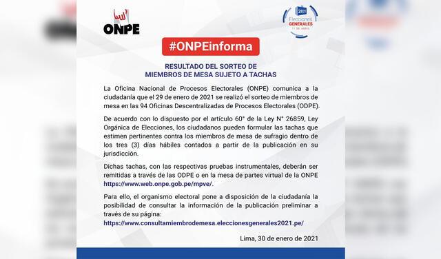 ONPE informó a la ciudadanía sobre la elección de miembros de mesa. Foto: Twitter