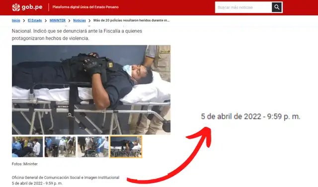 Foto del policía en camilla se publicó el 5 de abril del 2022 en la web del Ministerio del Interior. Foto: captura/ Mininter Foto del policía en camilla se publicó el 5 de abril del 2022 en la web del Ministerio del Interior. Foto: captura/ Mininter