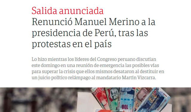 Renuncia de Manuel Merino a la Presidencia de facto es noticia en prensa extranjera